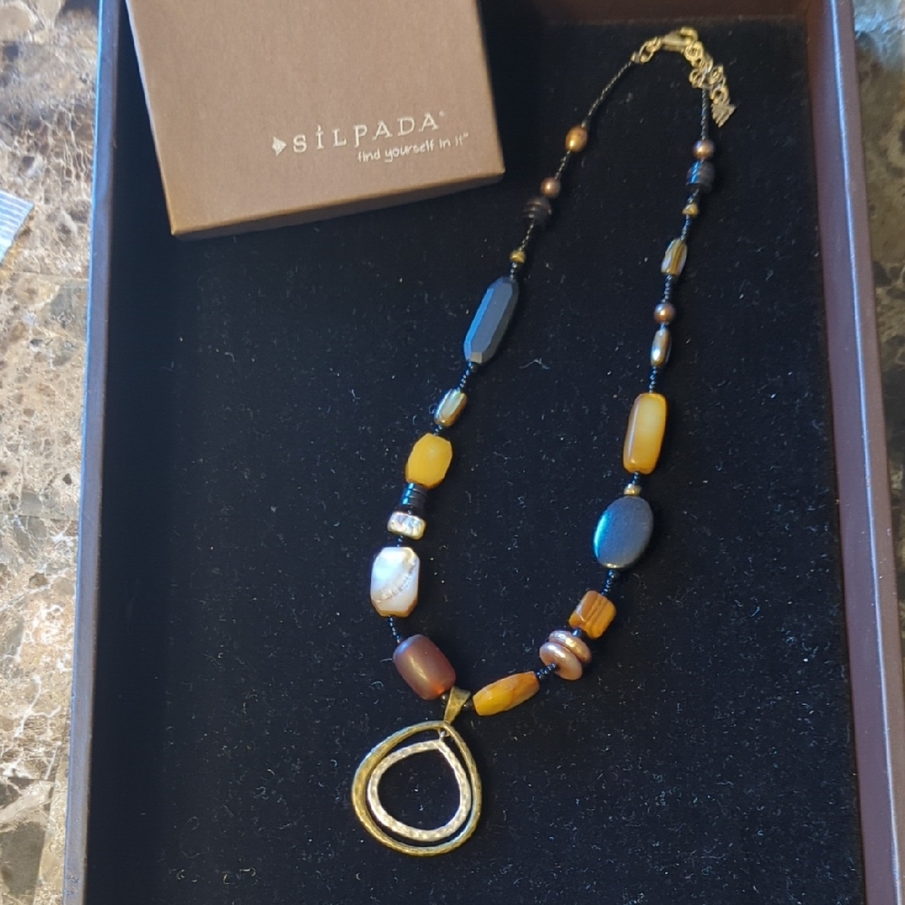 Silpada Gold and Brown Necklace with Geometric Pendant